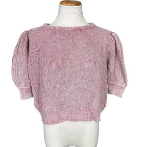 Les Serein Women's Pink Short Puff Sleeves Knit Pullover Cropped Sweater Size M